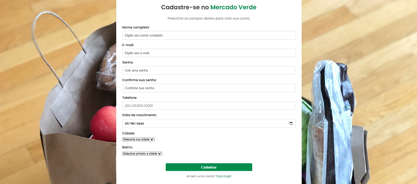 Página de cadastro MercadoVerde